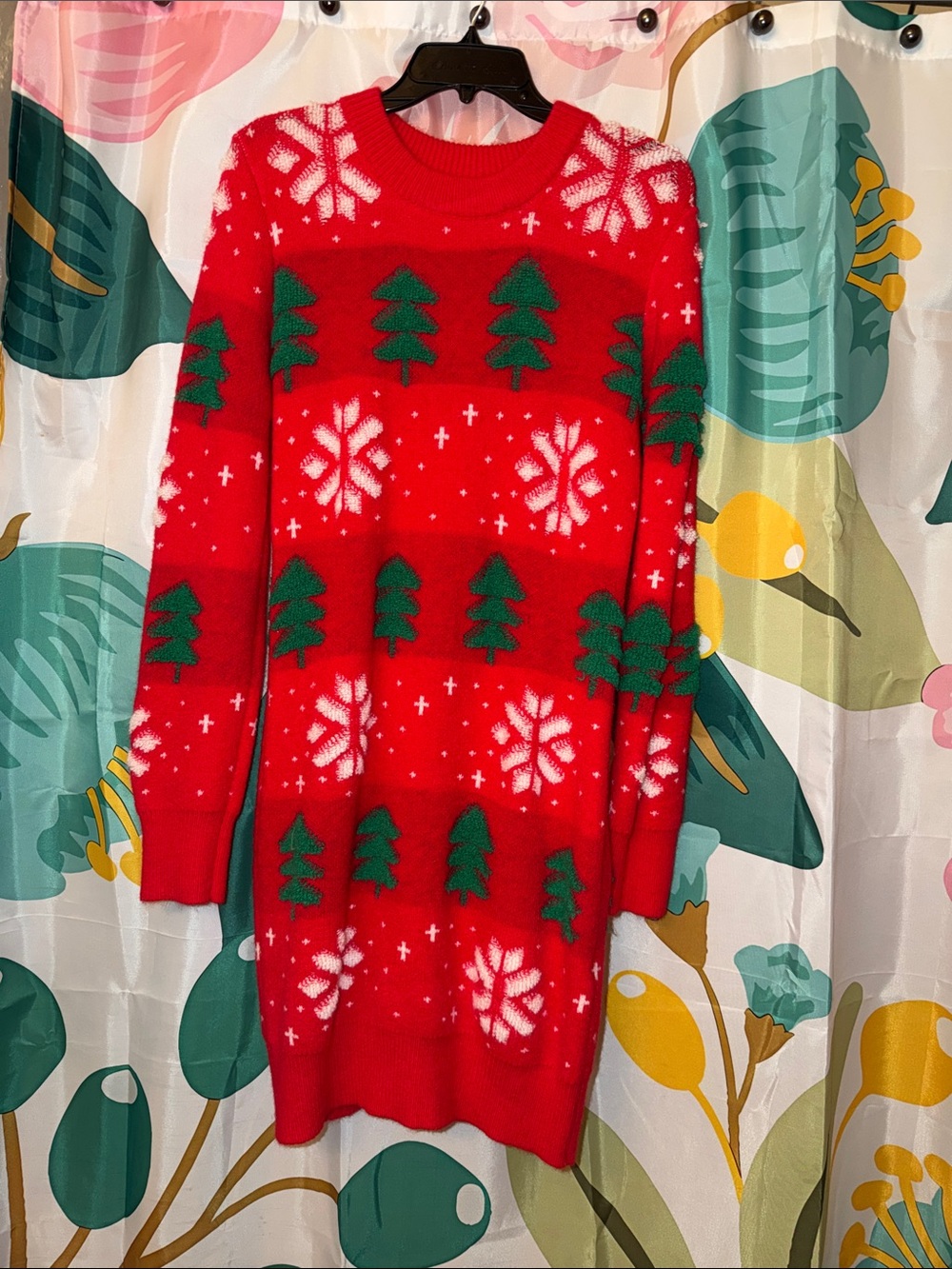 SHEIN Red Sweater Dress with Green Tree & White Snowflake Pattern
